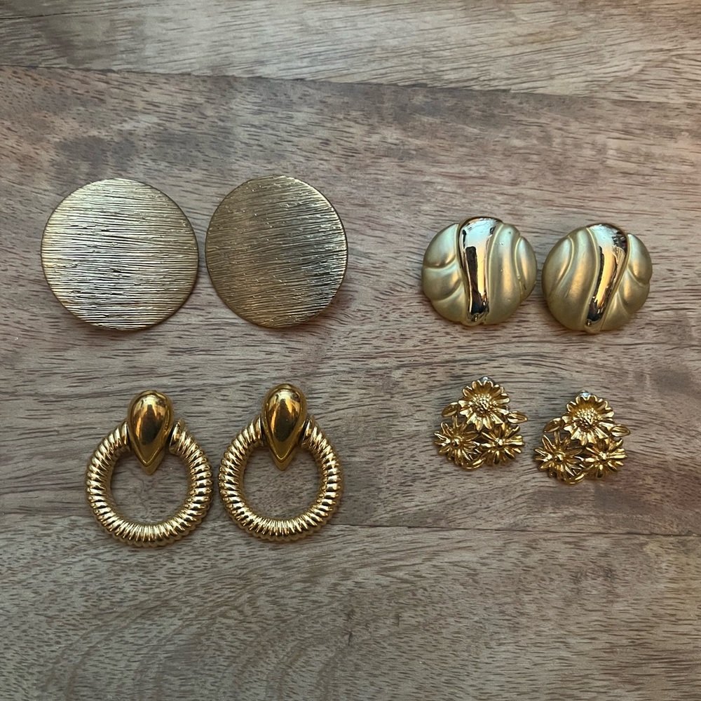 Vintage Gold Tone Earring 4 Piece Lot
